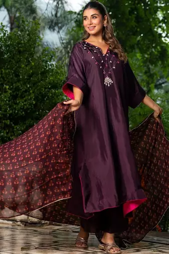 Wine upada silk hand Embroidered kaftan and pant and dupatta