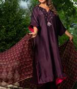 Wine upada silk hand Embroidered kaftan and pant with dupatta