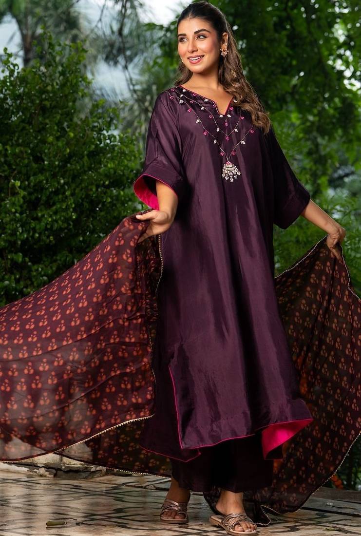 Wine upada silk hand Embroidered kaftan and pant and dupatta
