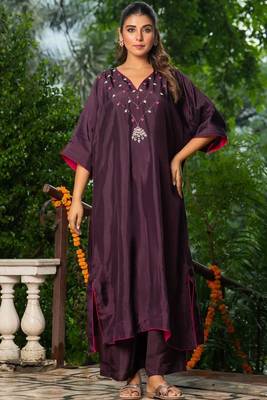 Wine upada silk hand Embroidered kaftan and pant with dupatta 2