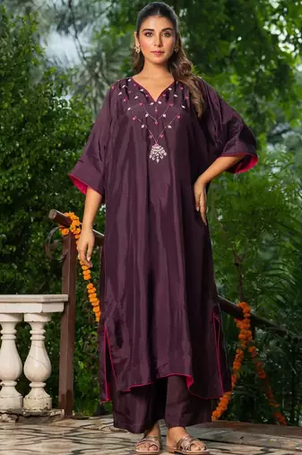 Wine upada silk hand Embroidered kaftan and pant with dupatta