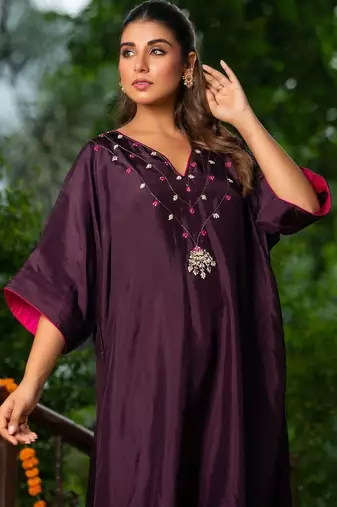 Wine upada silk hand Embroidered kaftan and pant with dupatta