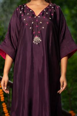 Wine upada silk hand Embroidered kaftan and pant with dupatta 4