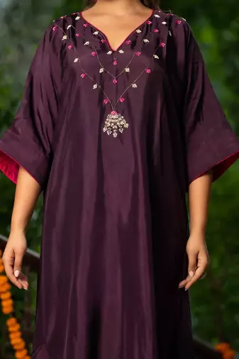 Wine upada silk hand Embroidered kaftan and pant with dupatta