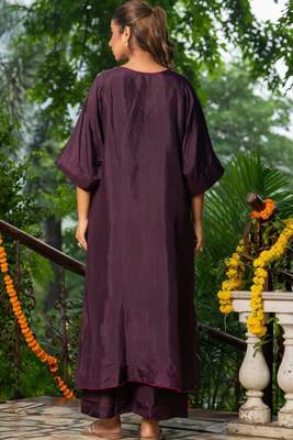 Wine upada silk hand Embroidered kaftan and pant with dupatta 5