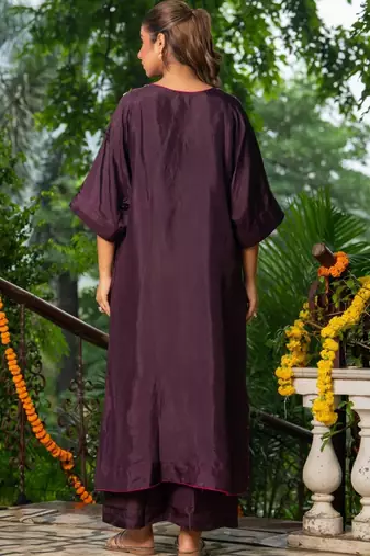 Wine upada silk hand Embroidered kaftan and pant with dupatta