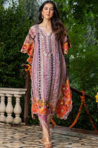 Wine crape gota and mirror work kaftan and crape pant