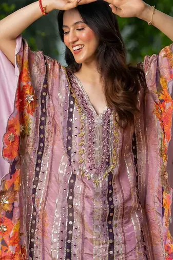 Wine crape gota and mirror work kaftan and crape pant