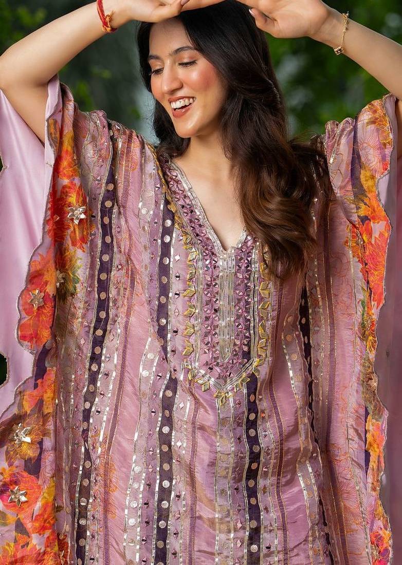 Wine crape gota and mirror work kaftan and crape pant