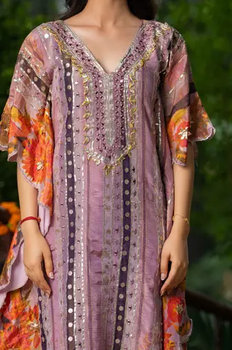 Wine crape gota and mirror work kaftan and crape pant