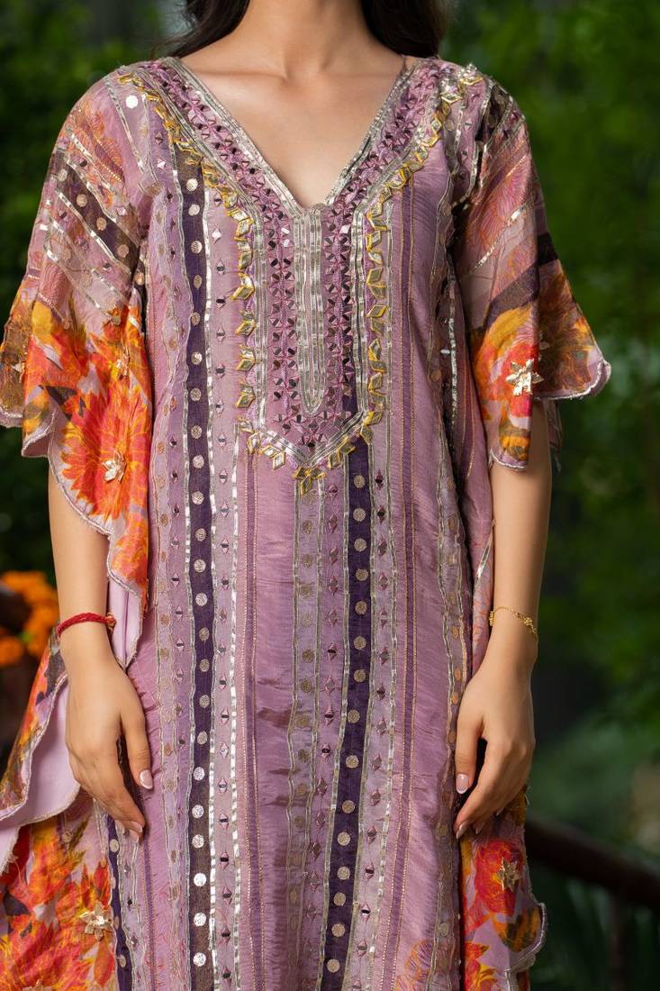 Wine crape gota and mirror work kaftan and crape pant