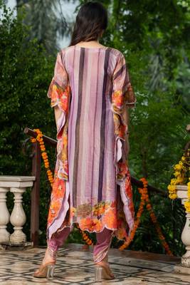 Wine crape gota and mirror work kaftan and crape pant 4