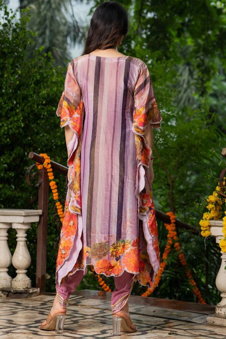 Wine crape gota and mirror work kaftan and crape pant