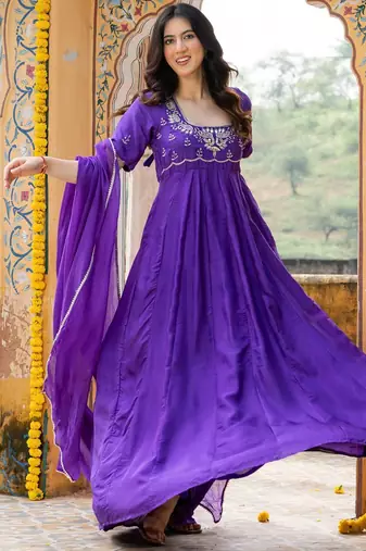 Purple upada silk handwork anarkali and pant and dupatta
