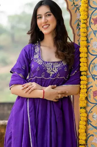 Purple upada silk handwork anarkali and pant with dupatta