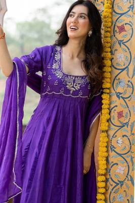 Purple upada silk handwork anarkali and pant with dupatta 3