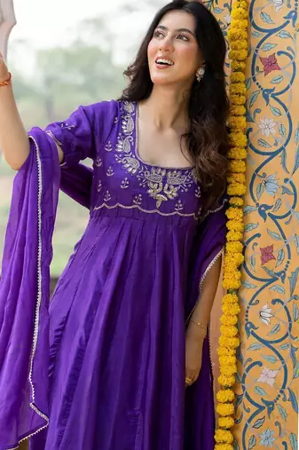 Purple upada silk handwork anarkali and pant with dupatta