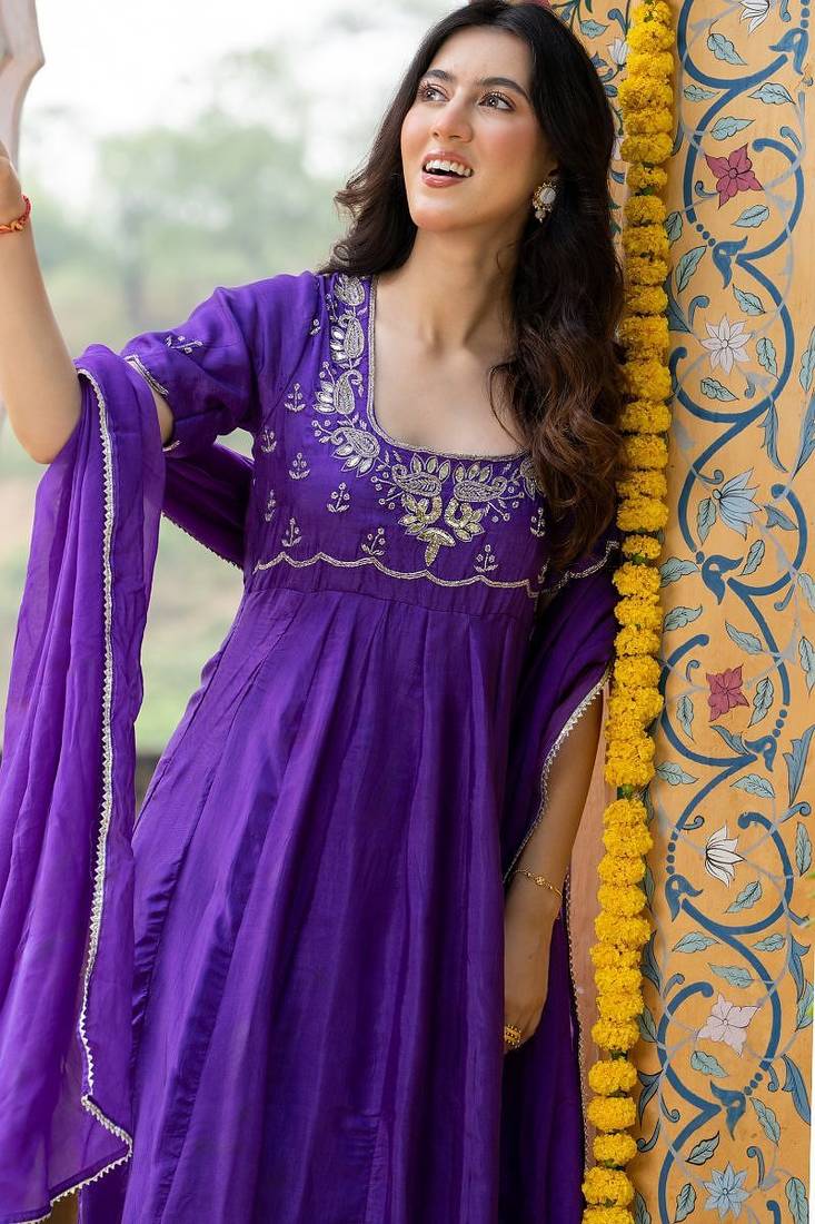 Purple upada silk handwork anarkali and pant and dupatta