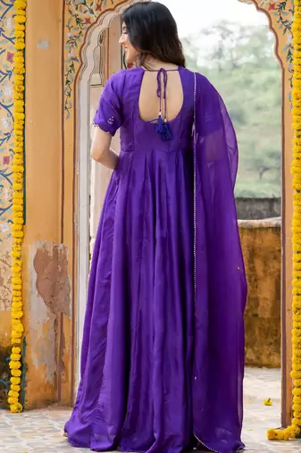 Purple upada silk handwork anarkali and pant with dupatta