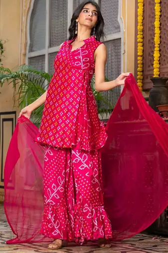 Pink bhadhej chinnon kurta and sharara and dupatta
