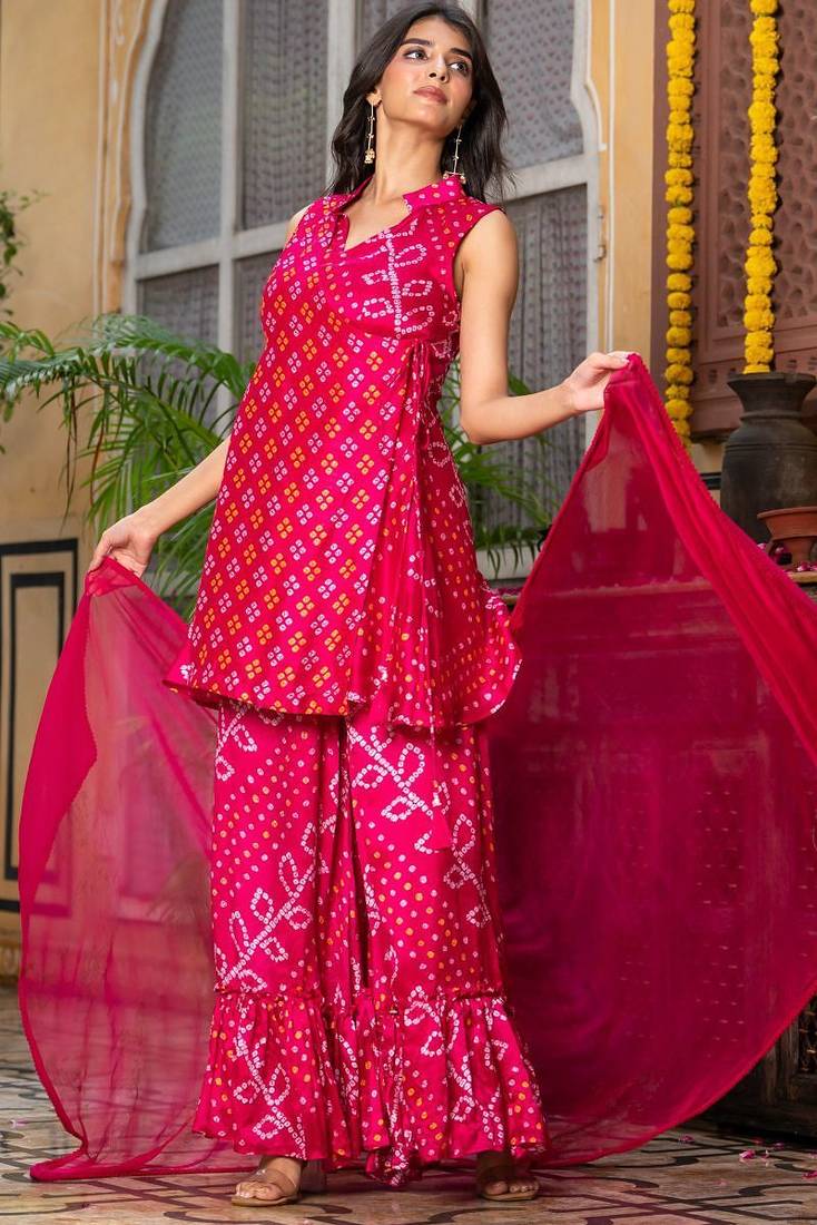 Pink bhadhej chinnon kurta and sharara and dupatta