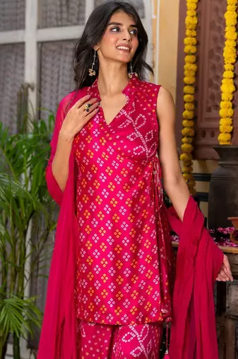 Pink bhadhej chinnon kurta and sharara with dupatta