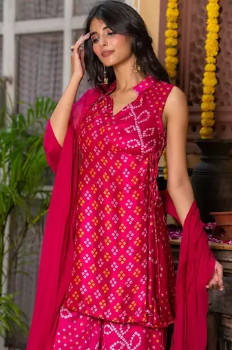 Pink bhadhej chinnon kurta and sharara with dupatta