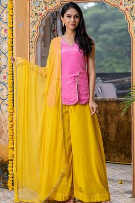 Pink upada silk lace work kurta and yellow palazzo with dupatta 1