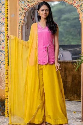 Pink upada silk lace work kura and yellow plazoo and yellow dupatta