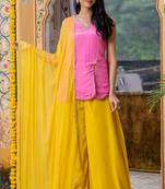 Pink upada silk lace work kura and yellow plazoo and yellow dupatta