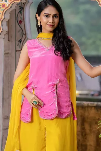 Pink upada silk lace work kurta and yellow palazzo with dupatta