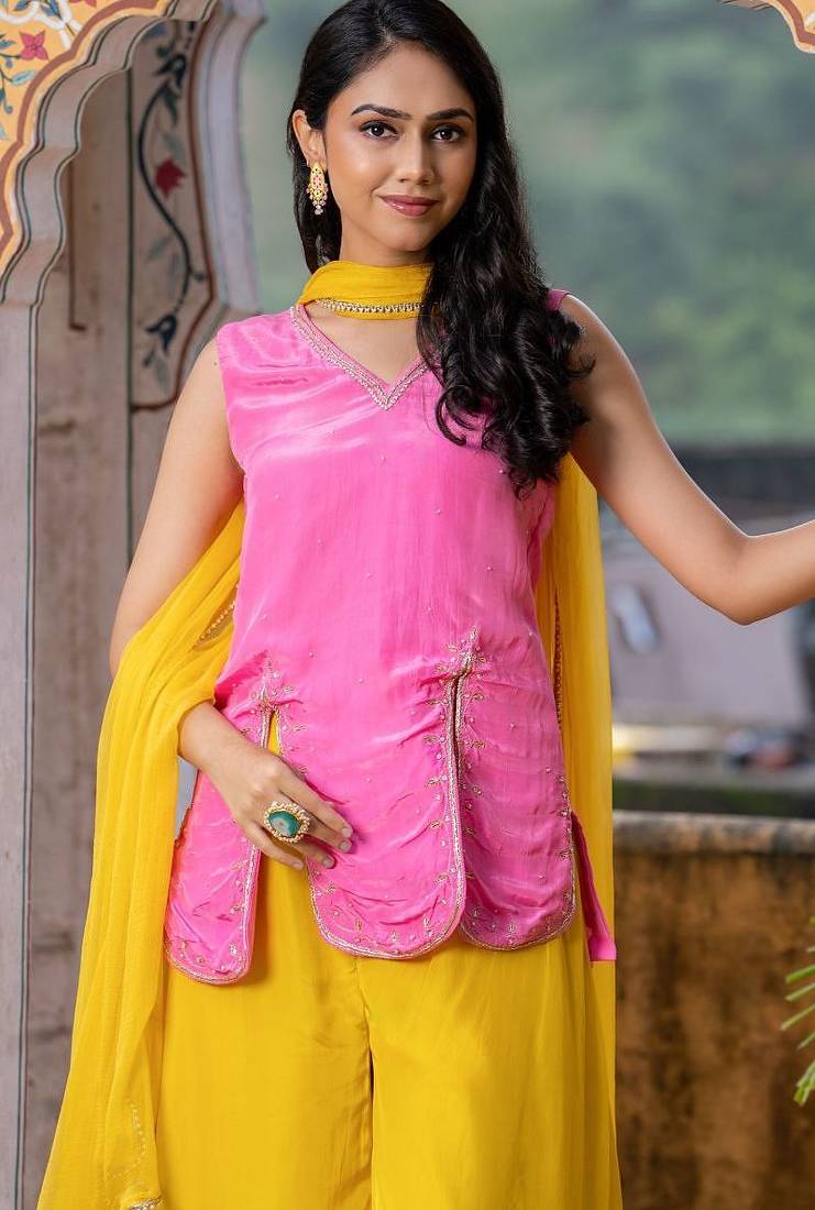 Pink upada silk lace work kura and yellow plazoo and yellow dupatta