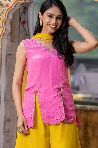 Pink upada silk lace work kurta and yellow palazzo with dupatta