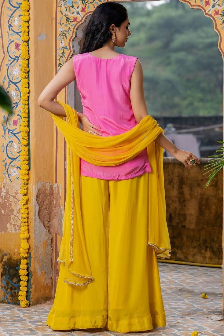 Pink upada silk lace work kura and yellow plazoo and yellow dupatta