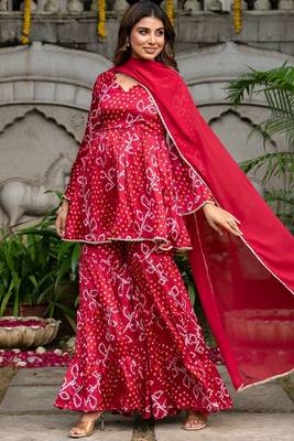 Maroon chinnon bandhej printed kurta and sharara and dupatta 1