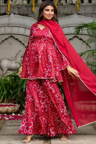 Maroon chinnon bandhej printed kurta and sharara and dupatta