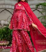 Maroon chinnon bandhej printed kurta and sharara and dupatta