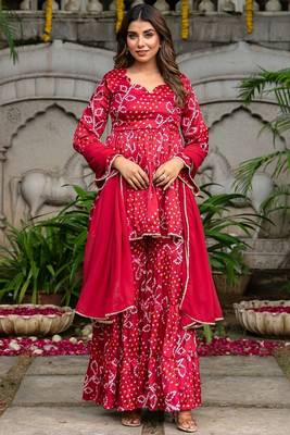 Maroon chinnon bandhej printed kurta and sharara and dupatta 2