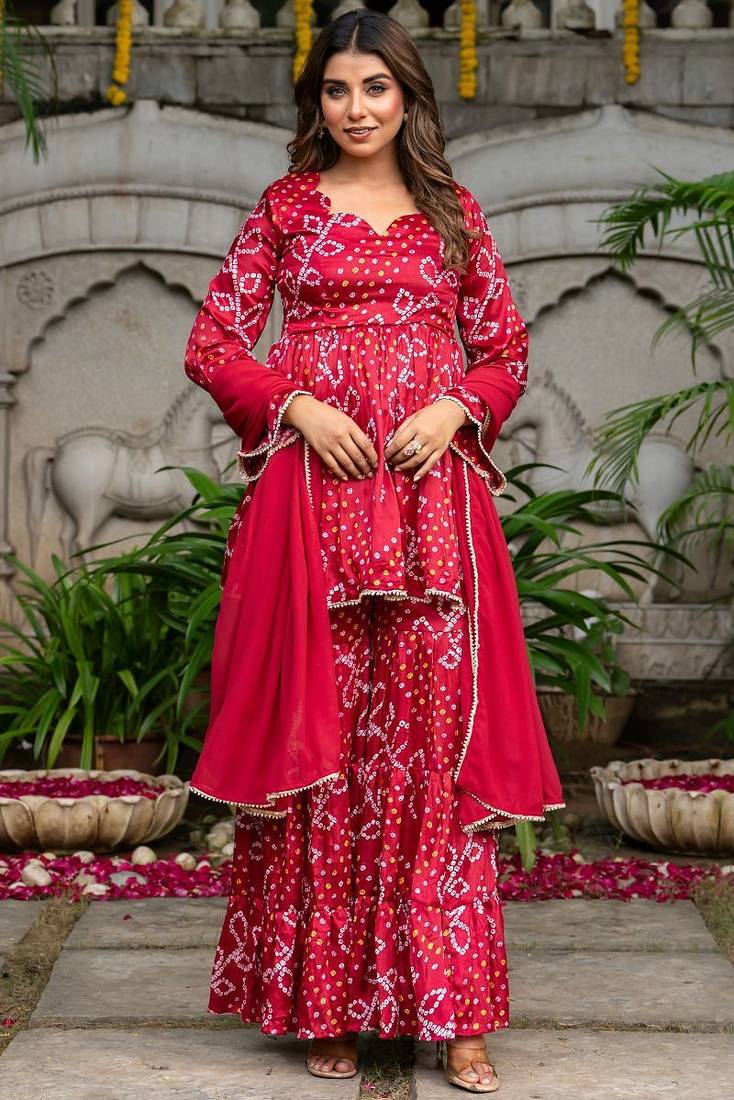 Maroon chinnon bandhej printed kurta and sharara and dupatta