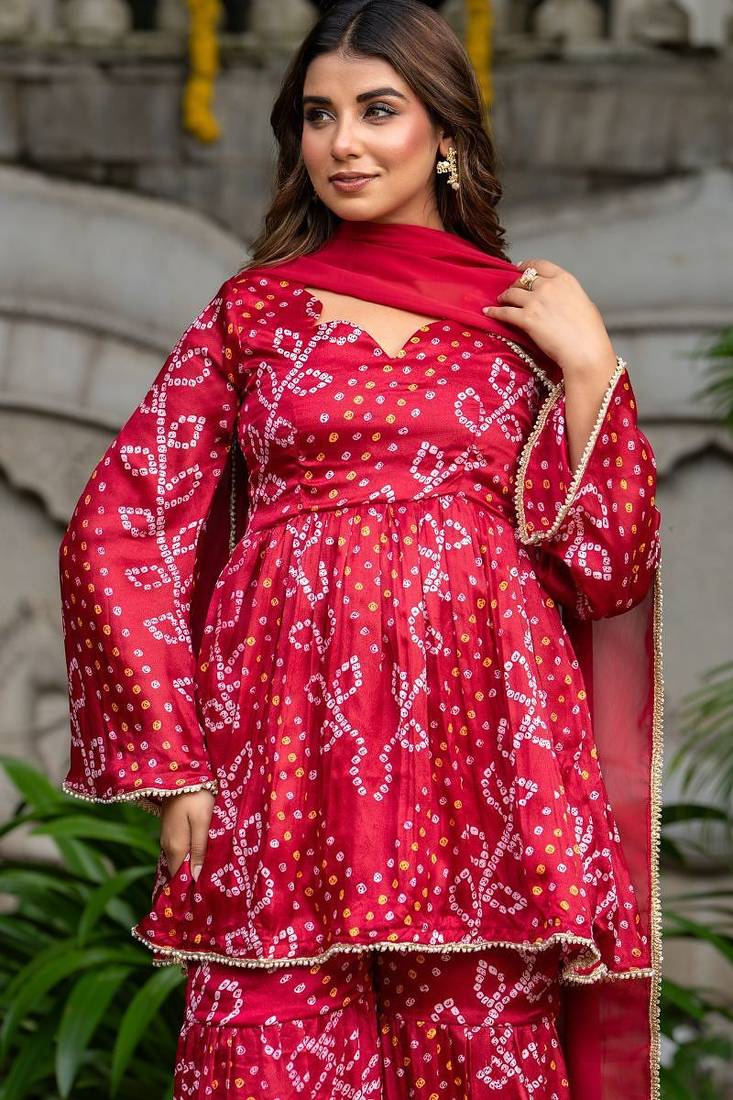 Maroon chinnon bandhej printed kurta and sharara and dupatta