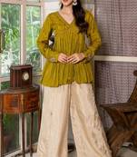 Green hand work upada sikl kurta and off white silk plazoo