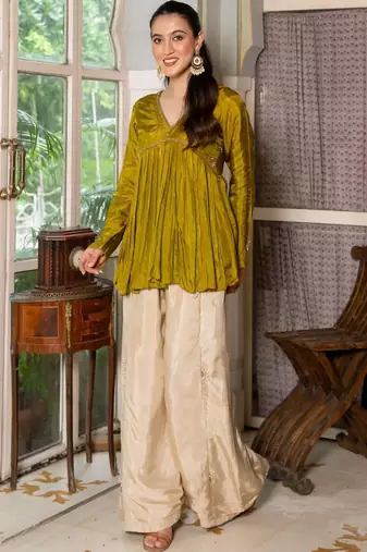 Green hand work upada silk kurta and off white silk palazzo