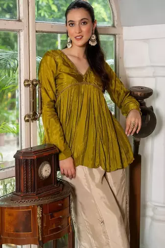 Green hand work upada silk kurta and off white silk palazzo
