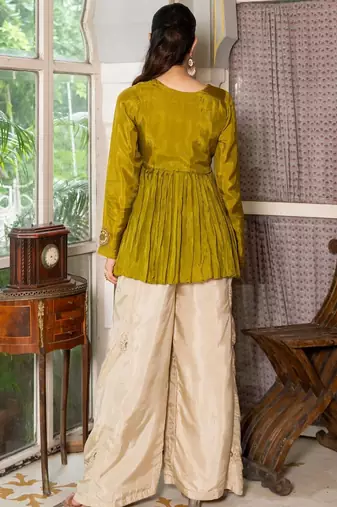 Green hand work upada silk kurta and off white silk palazzo