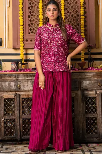 Wine upada silk printed top and plazoo