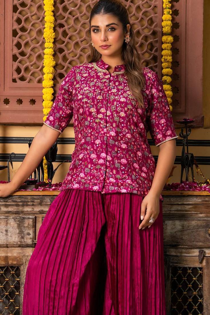 Wine upada silk printed top and plazoo