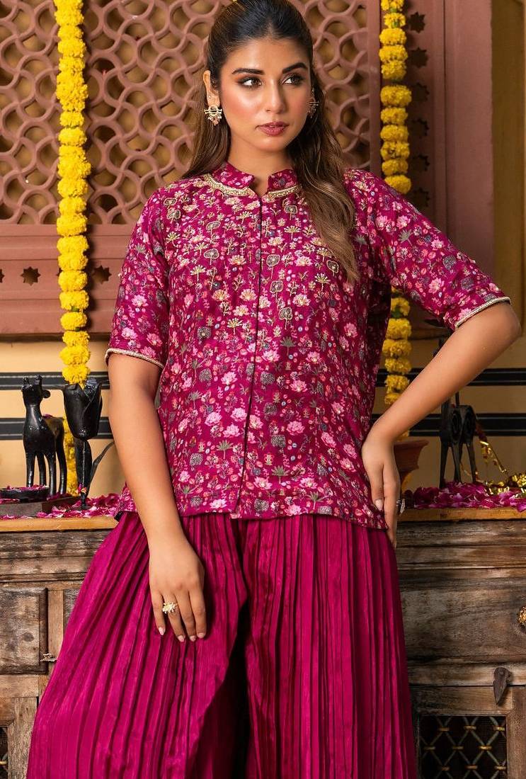 Wine upada silk printed top and plazoo