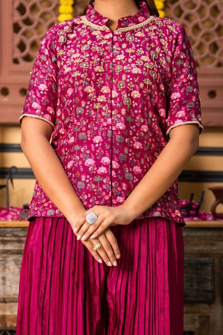 Wine upada silk printed top and plazoo