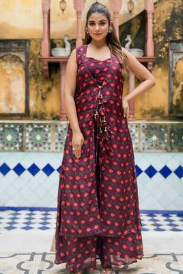 Brown upada silk floral print top and shrug and Palazzo 1