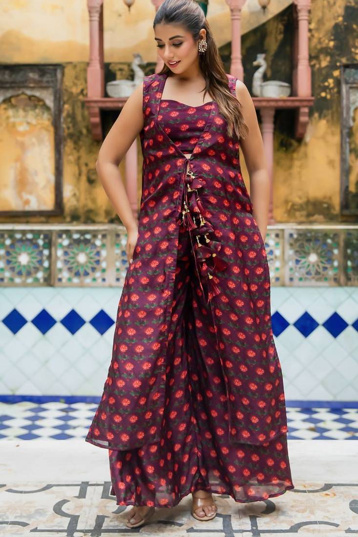 Brown upada silk floral print top and shrug and Palazzo